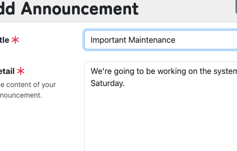 Screenshot of setting up an announcement to let customers know of maintenance
